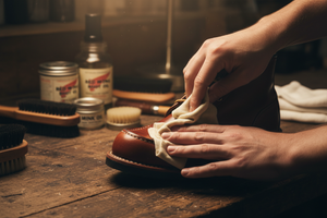 Applying leather conditioner to Red Wing boots at Sir James Roermond