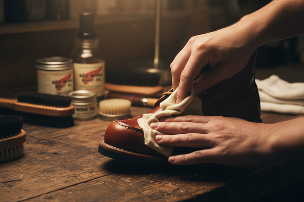 Applying leather conditioner to Red Wing boots at Sir James Roermond
