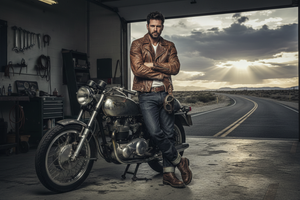 Man in heritage motorcycle style leather jacket and selvedge denim leaning against a classic vintage motorcycle in a garage setting