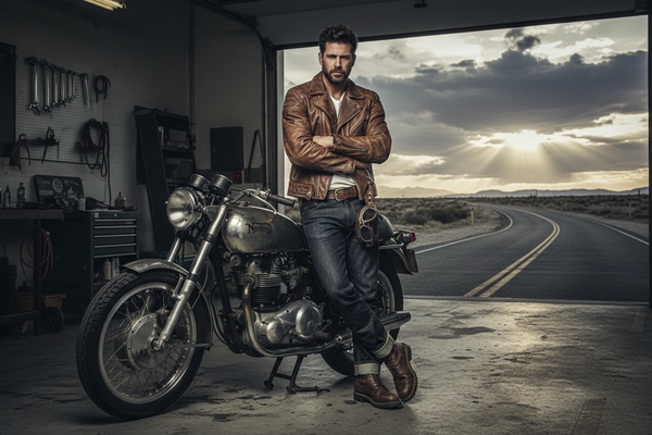 Man in heritage motorcycle style leather jacket and selvedge denim leaning against a classic vintage motorcycle in a garage setting