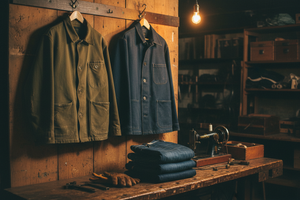 Pike Brothers chore coat and engineer jacket in a craftsman workshop setting at Sir James Roermond Netherlands