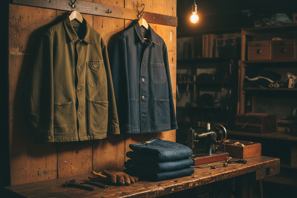 Pike Brothers chore coat and engineer jacket in a craftsman workshop setting at Sir James Roermond Netherlands