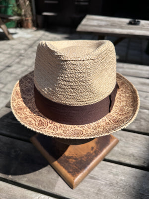 Stetson Genuine Raffia Trilby Hat with Paisley Underbrim — Natural