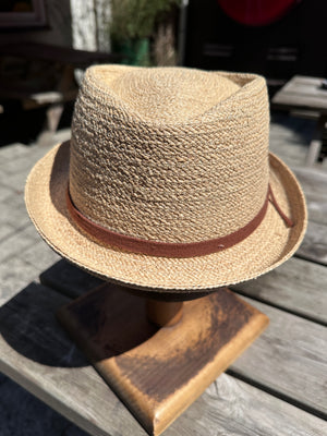 Stetson Diamond Raffia Trilby Hat with Leather Band — Natural