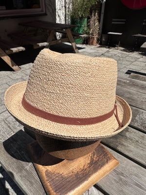 Stetson Diamond Raffia Trilby Hat with Leather Band — Natural