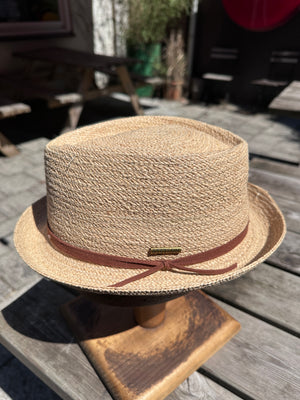 Stetson Diamond Raffia Trilby Hat with Leather Band — Natural