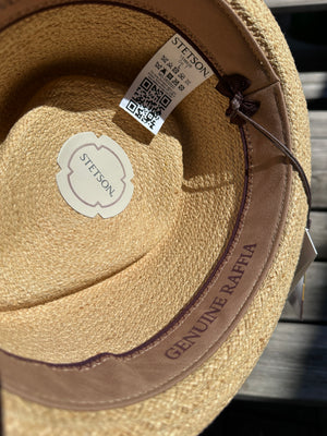 Stetson Diamond Raffia Trilby Hat with Leather Band — Natural